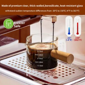 YARRAMATE Espresso Cups with Wood Handle, Clear Glass Espresso Accessories, Double Spout Glass Measuring Cup with Dual Scale, Espresso Shot Glass with V-Shaped Spout, 3.4 OZ / 100 ML