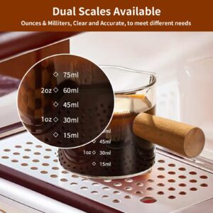 YARRAMATE Espresso Cups with Wood Handle, Clear Glass Espresso Accessories, Double Spout Glass Measuring Cup with Dual Scale, Espresso Shot Glass with V-Shaped Spout, 3.4 OZ / 100 ML