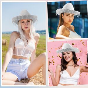 ramede Rhinestone Cowgirl Hat Women Disco Cowboy Outfit Bling Diamond Fringe Cowgirl Hat Western Cowgirl Costume(Silver)