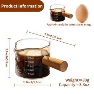 YARRAMATE Espresso Cups with Wood Handle, Clear Glass Espresso Accessories, Double Spout Glass Measuring Cup with Dual Scale, Espresso Shot Glass with V-Shaped Spout, 3.4 OZ / 100 ML