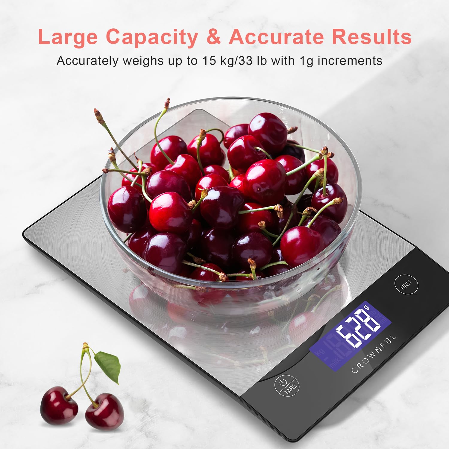 CROWNFUL Food Scale, Rechargeable 304 Stainless Steel Digital Kitchen Scale Upto 33lb Weight Grams and Ounces with LCD Display and Type-C Charging for Baking and Cooking