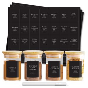 230 black spice labels by threekin | waterproof & oil-resistant pre-printed stickers for spice jars | durable, bpa-free seasoning labels | easy-clean, no-residue design | proudly female & usa owned