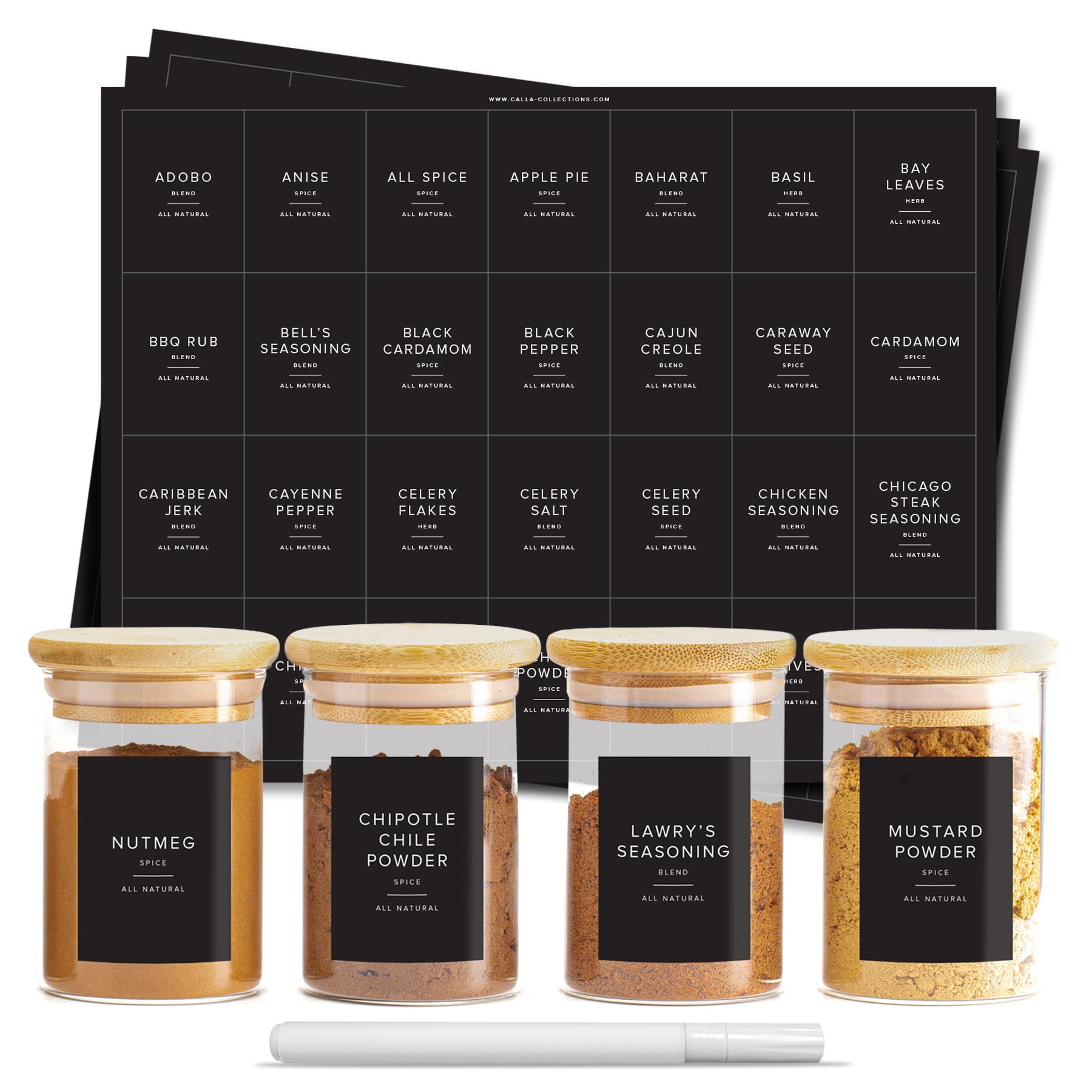 230 Black Spice Labels by ThreeKin | Waterproof & Oil-Resistant Pre-Printed Stickers for Spice Jars | Durable, BPA-Free Seasoning Labels | Easy-Clean, No-Residue Design | Proudly Female & USA Owned