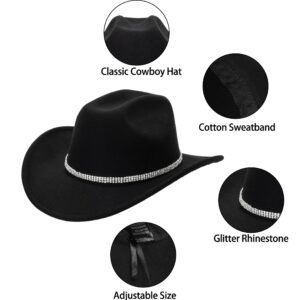 Womens Cowgirl Studded Pinched Western Cowboy Hats Wide Brim Gaucho Hat Fedoras Hat with Belt Buckle(M/L) (US, Alpha, Medium, Black-3 Diamonds)