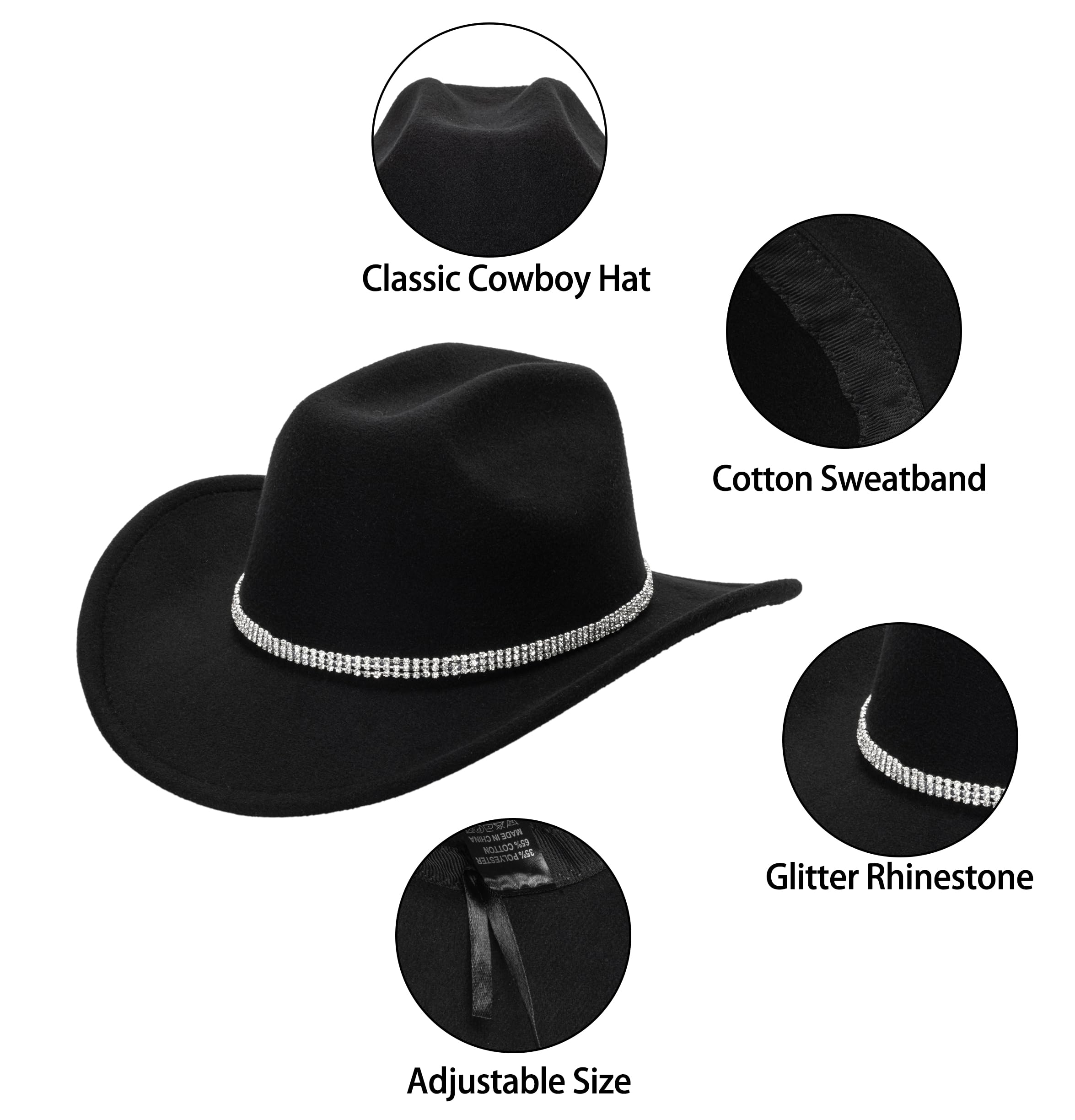 Womens Cowgirl Studded Pinched Western Cowboy Hats Wide Brim Gaucho Hat Fedoras Hat with Belt Buckle(M/L) (US, Alpha, Medium, Black-3 Diamonds)