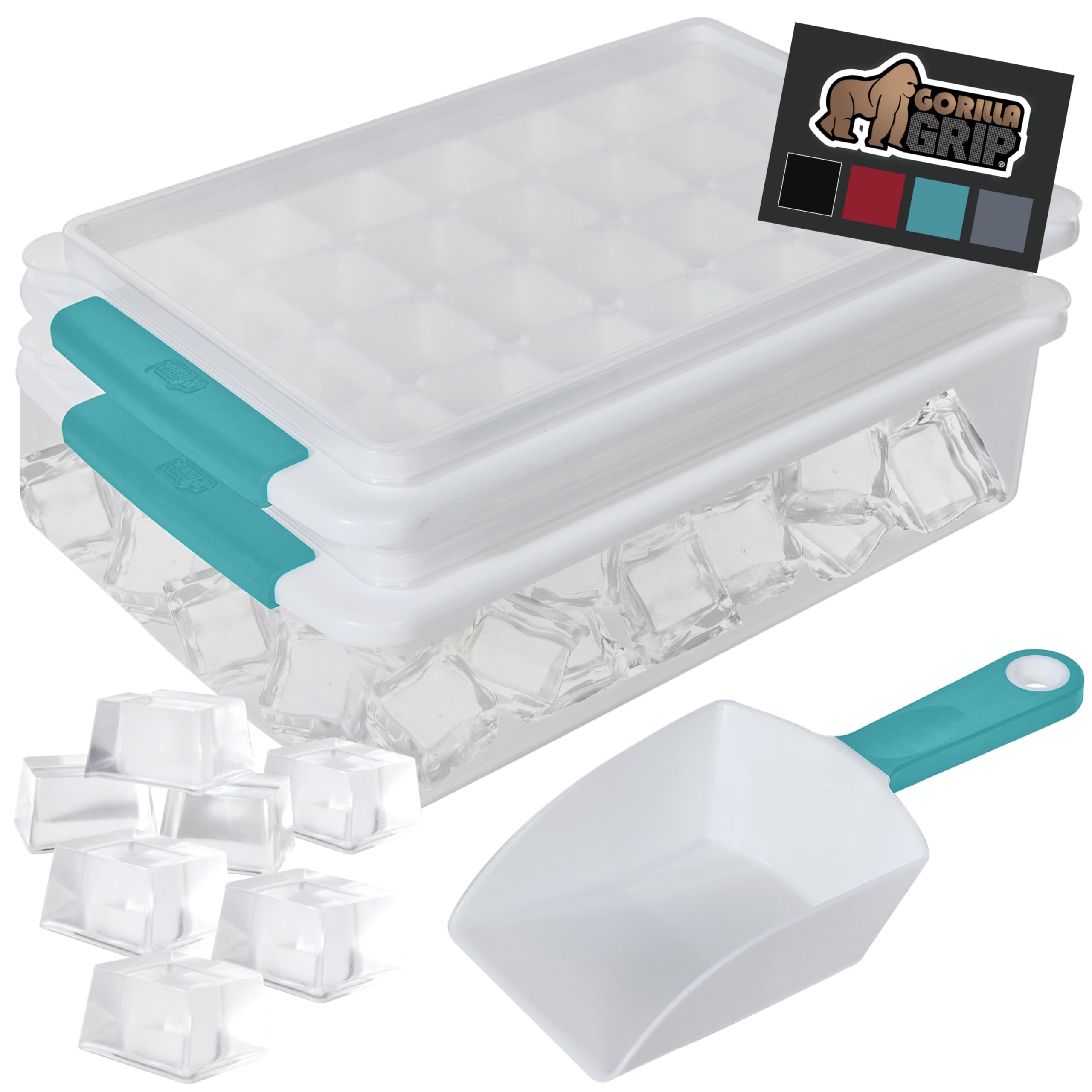 Gorilla Grip Stackable Ice Cube Tray and Bin Set, Includes 2 Trays with Lid and Scooper, Easy Release, Makes 56 Cubes for Cocktail Soda Coffee, Leak Proof Freezer Bucket Kit, Kitchen Gadget, Turquoise