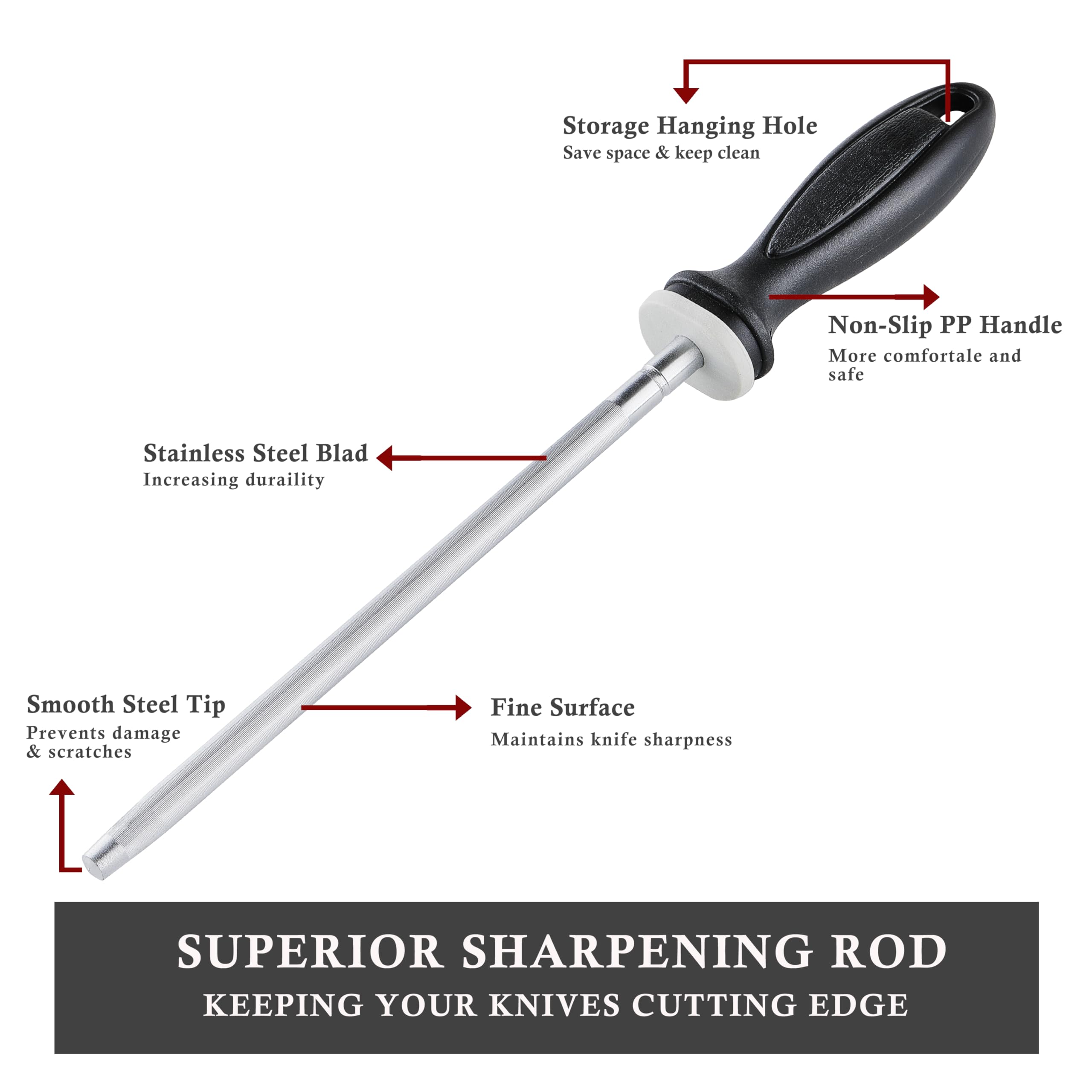 Knife Sharpener Rod, Little Cook 12 inch Knife Sharpening Steel, Knife Sharpening Rod with Ergonomic PP Handle (black)