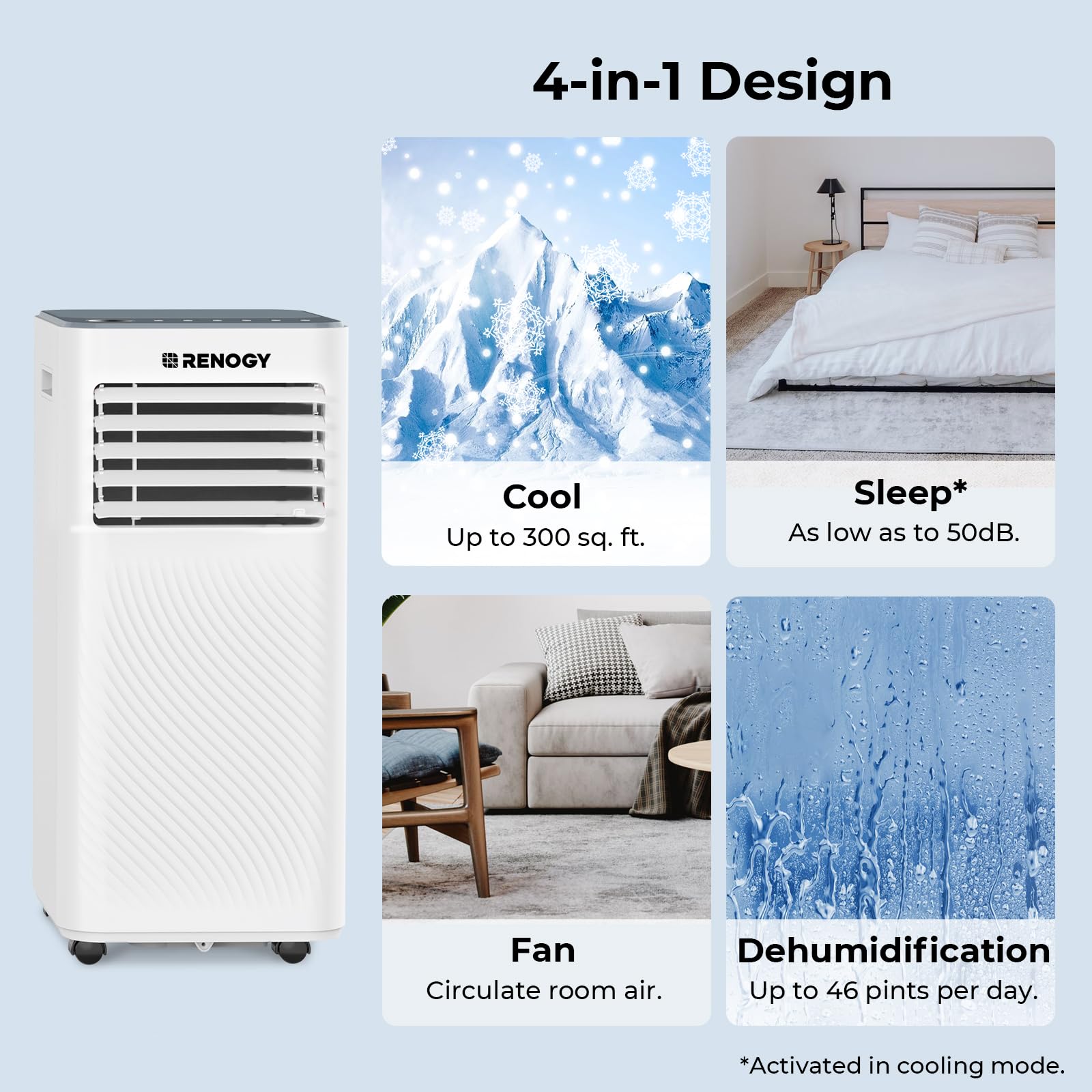 Renogy 8,000 BTU Portable Air Conditioners, WiFi Enabled, Remote Control, Cooling, Dehumidifier, Fan & Sleep Modes 4-in-1 Portable AC, Cools Up To 300 sq. ft, White