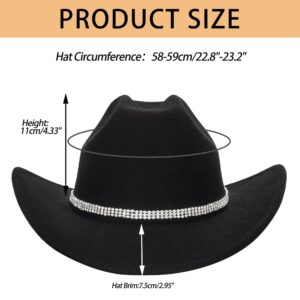 Womens Cowgirl Studded Pinched Western Cowboy Hats Wide Brim Gaucho Hat Fedoras Hat with Belt Buckle(M/L) (US, Alpha, Medium, Black-3 Diamonds)