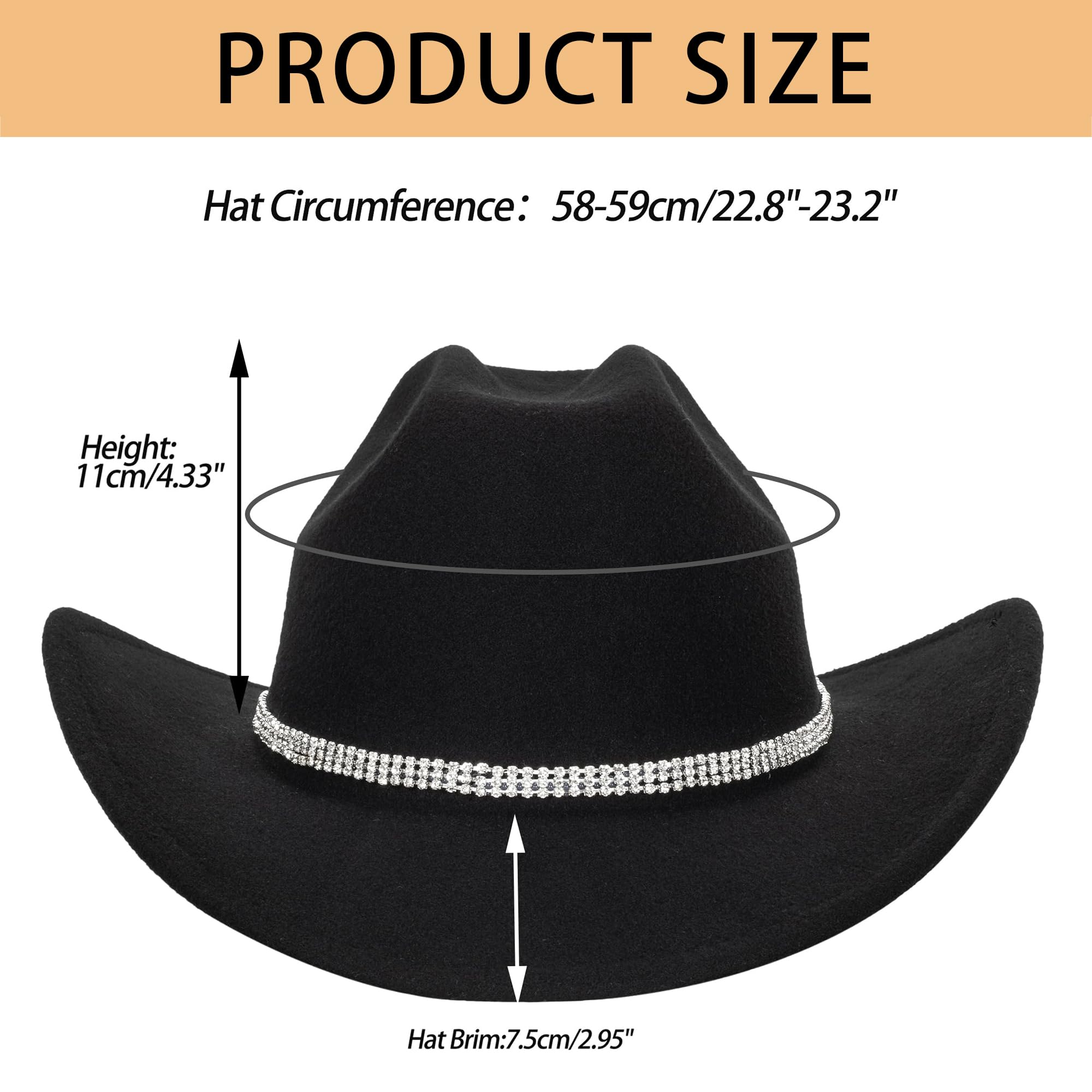 Womens Cowgirl Studded Pinched Western Cowboy Hats Wide Brim Gaucho Hat Fedoras Hat with Belt Buckle(M/L) (US, Alpha, Medium, Black-3 Diamonds)