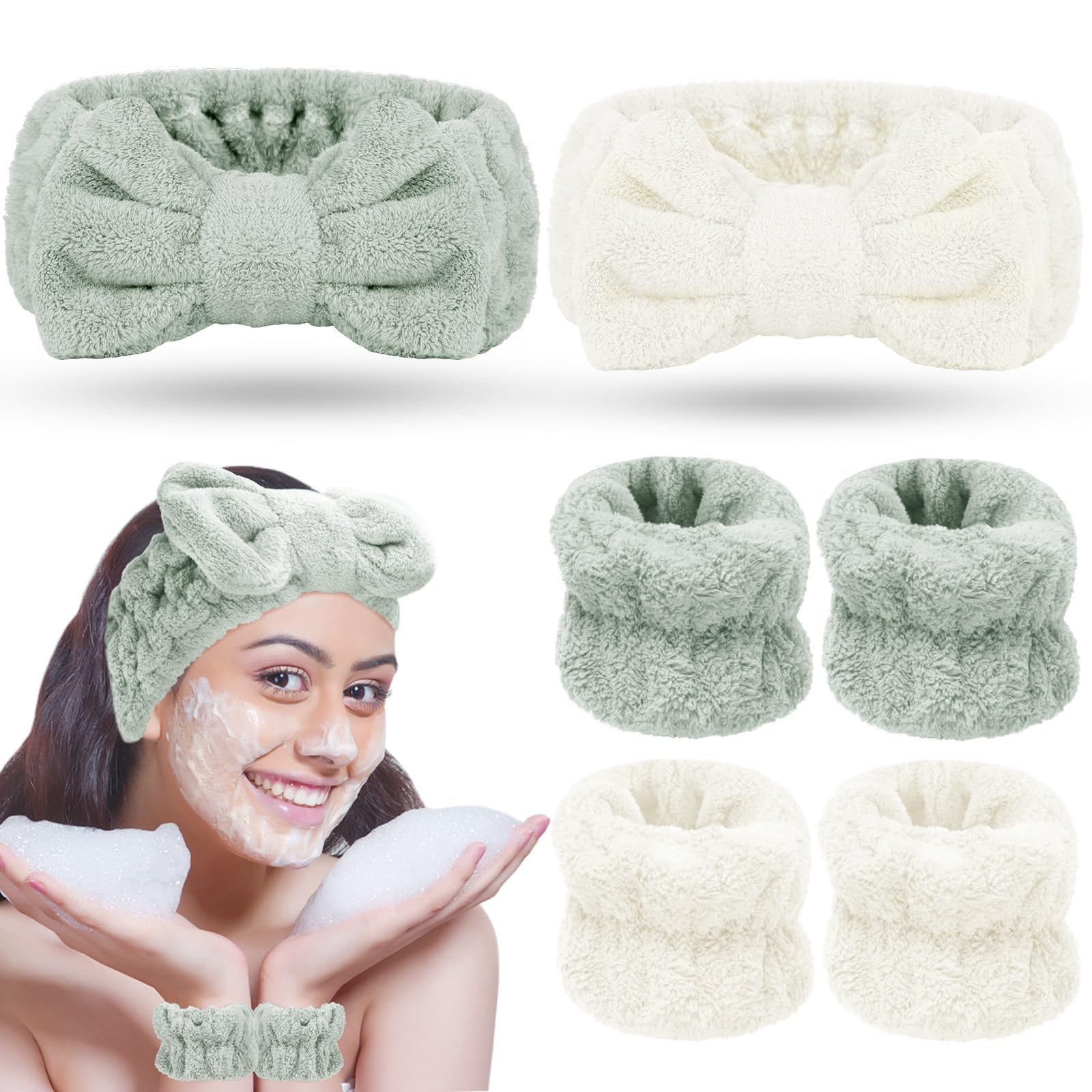 Pimoys 6 Pieces Spa Headband and Wristband Set, Women’s Makeup Headband Face Wash Headbands with Wrist Bands for Skin Care and Washing Face (Green and White)