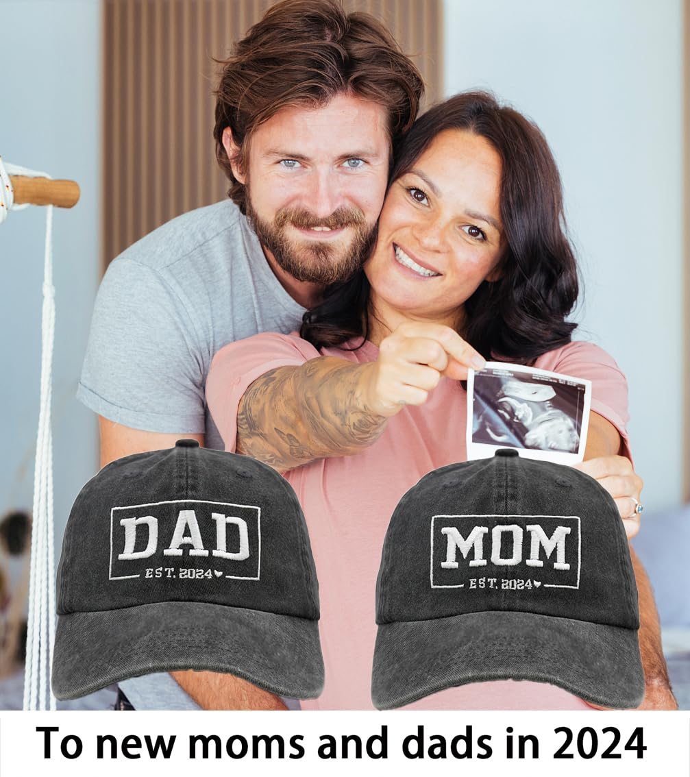 Waldeal Funny Dad Mom Est 2024 Hat, Gifts for New Parents, New Mom and Dad Hats, Embroidered Adjustable Baseball Cap