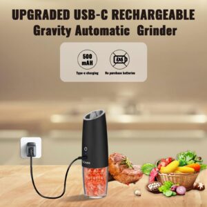 FaCreate UPGRADED USB RECHARGEABLE Gravity Electric Salt and Pepper Grinder Set,Battery Powered Automatic Operation Salt and Pepper Shakers,LED Light Adjustable Coarseness Mill 2 PACK(BLACK)