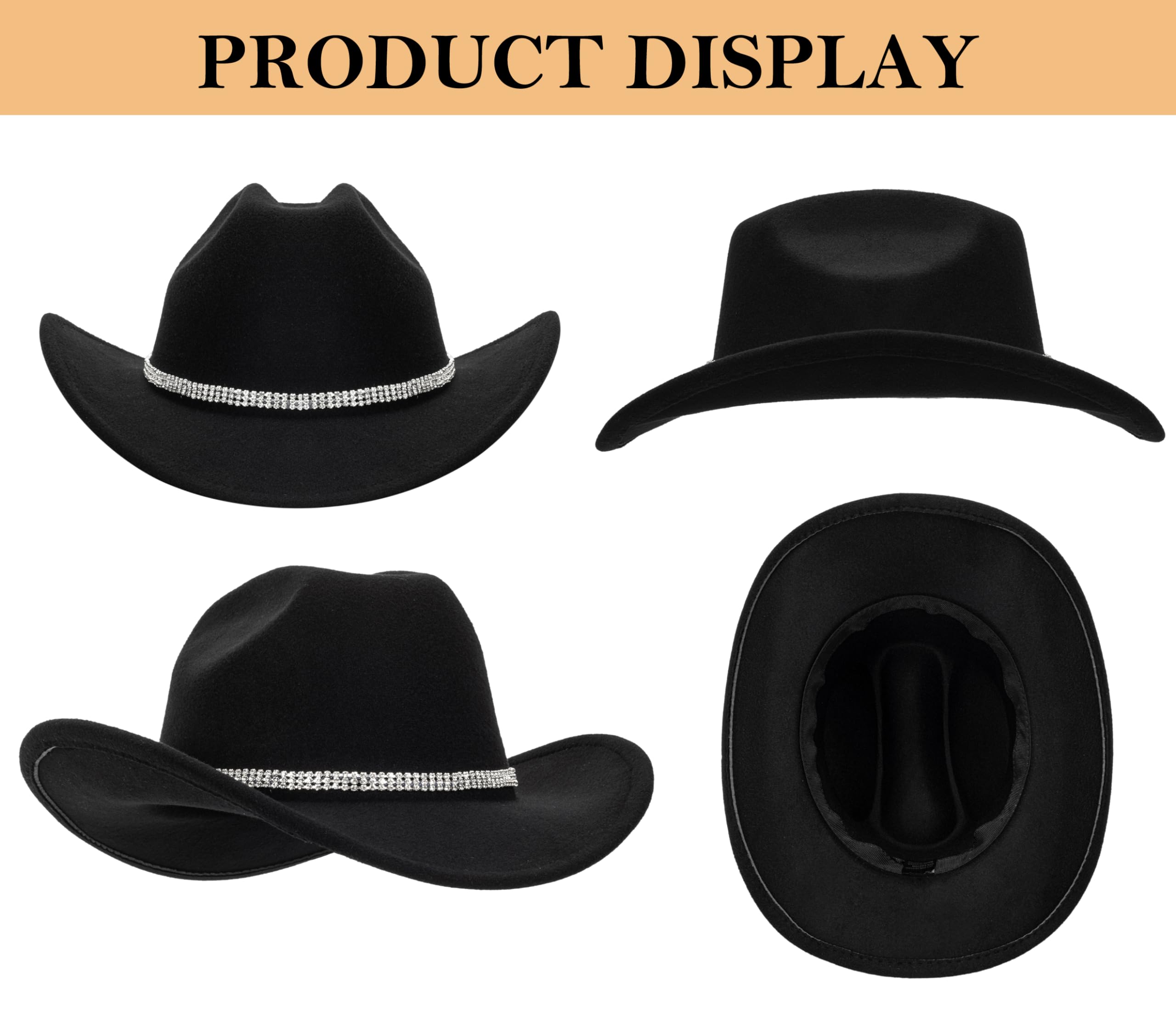 Womens Cowgirl Studded Pinched Western Cowboy Hats Wide Brim Gaucho Hat Fedoras Hat with Belt Buckle(M/L) (US, Alpha, Medium, Black-3 Diamonds)