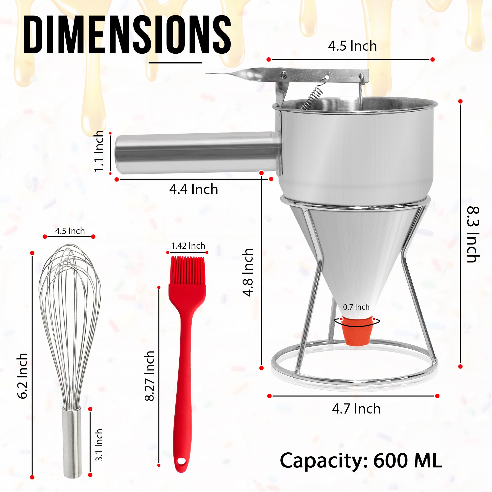 FEXUL Stainless Steel Pancake Batter Dispenser with Squeeze Handle - Versatile Funnel Cake, Cupcake, and Sel Roti Maker - Candle Wax Pourer - Durable, Leak-Free and Easy to Clean - 600ML