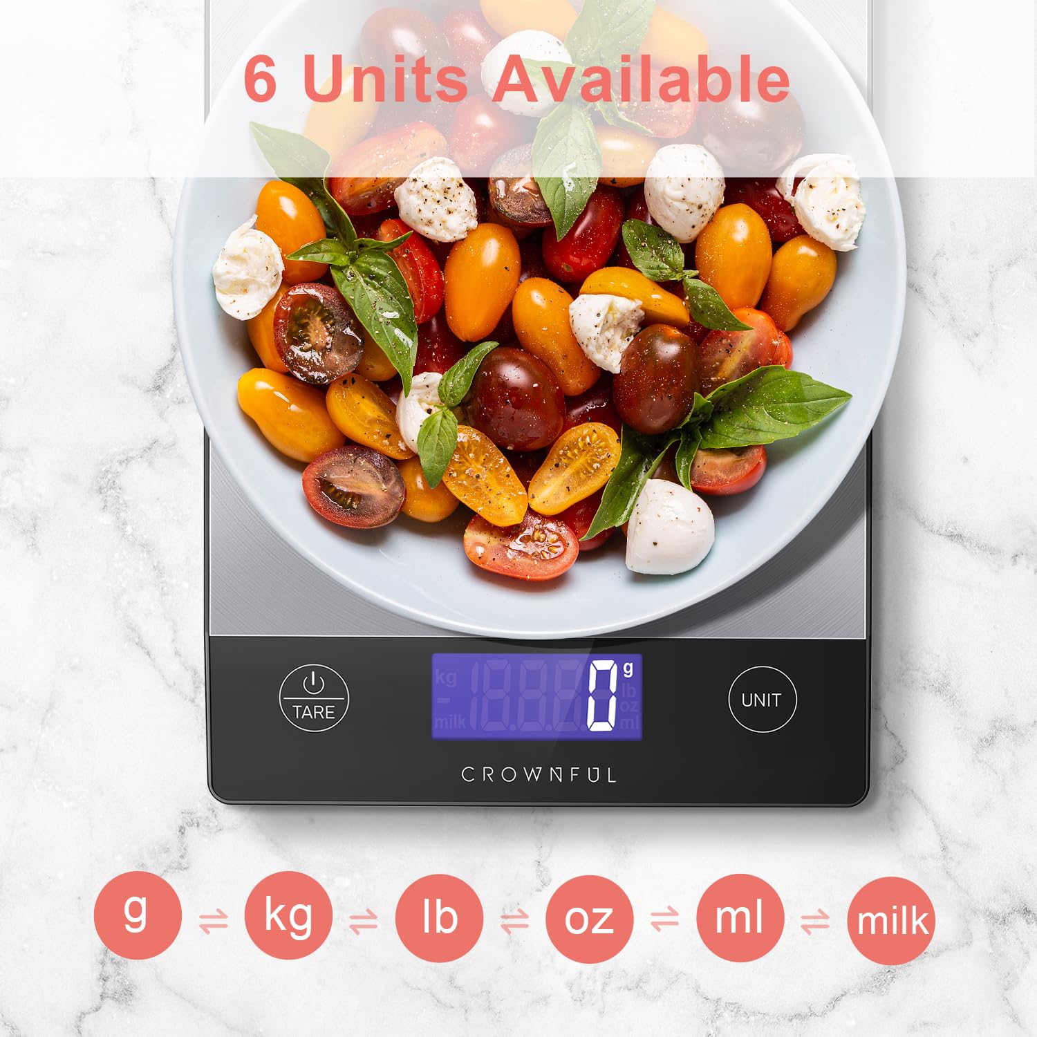 CROWNFUL Food Scale, Rechargeable 304 Stainless Steel Digital Kitchen Scale Upto 33lb Weight Grams and Ounces with LCD Display and Type-C Charging for Baking and Cooking