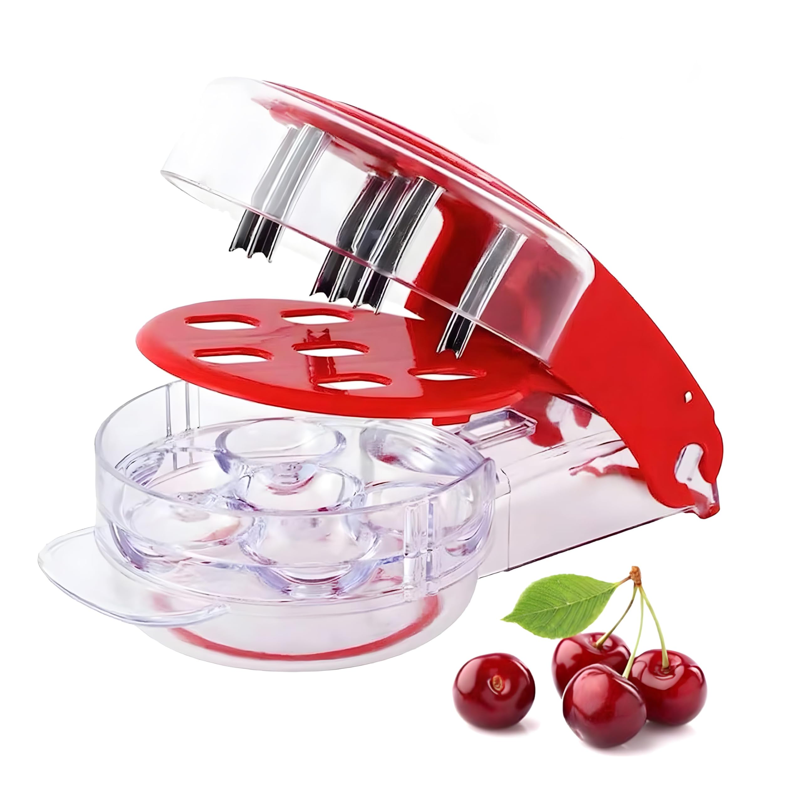 FONNYXK Cherry Pitter Tool - Push-Pull Cherry Seed Remover 6 at a Time - Portable Cherry Pitter Tool Pit Remover with Lock Design - Great Tool for Kitchen, Cake Shop, Fruit Salad (Red)