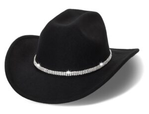 womens cowgirl studded pinched western cowboy hats wide brim gaucho hat fedoras hat with belt buckle(m/l) (us, alpha, medium, black-3 diamonds)