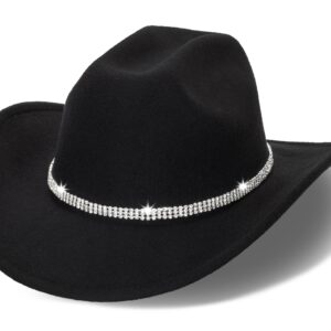 Womens Cowgirl Studded Pinched Western Cowboy Hats Wide Brim Gaucho Hat Fedoras Hat with Belt Buckle(M/L) (US, Alpha, Medium, Black-3 Diamonds)