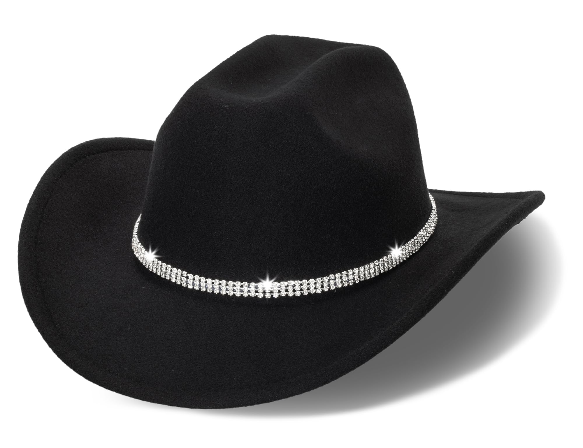 Womens Cowgirl Studded Pinched Western Cowboy Hats Wide Brim Gaucho Hat Fedoras Hat with Belt Buckle(M/L) (US, Alpha, Medium, Black-3 Diamonds)