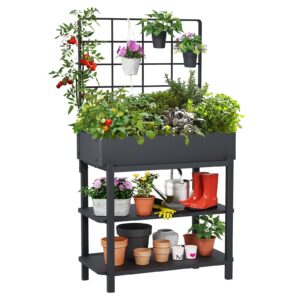 FOYUEE Elevated Planter Box with Trellis Raised Garden Bed with Legs Outdoor Standing Flower Beds for Patio Vegetable Herb