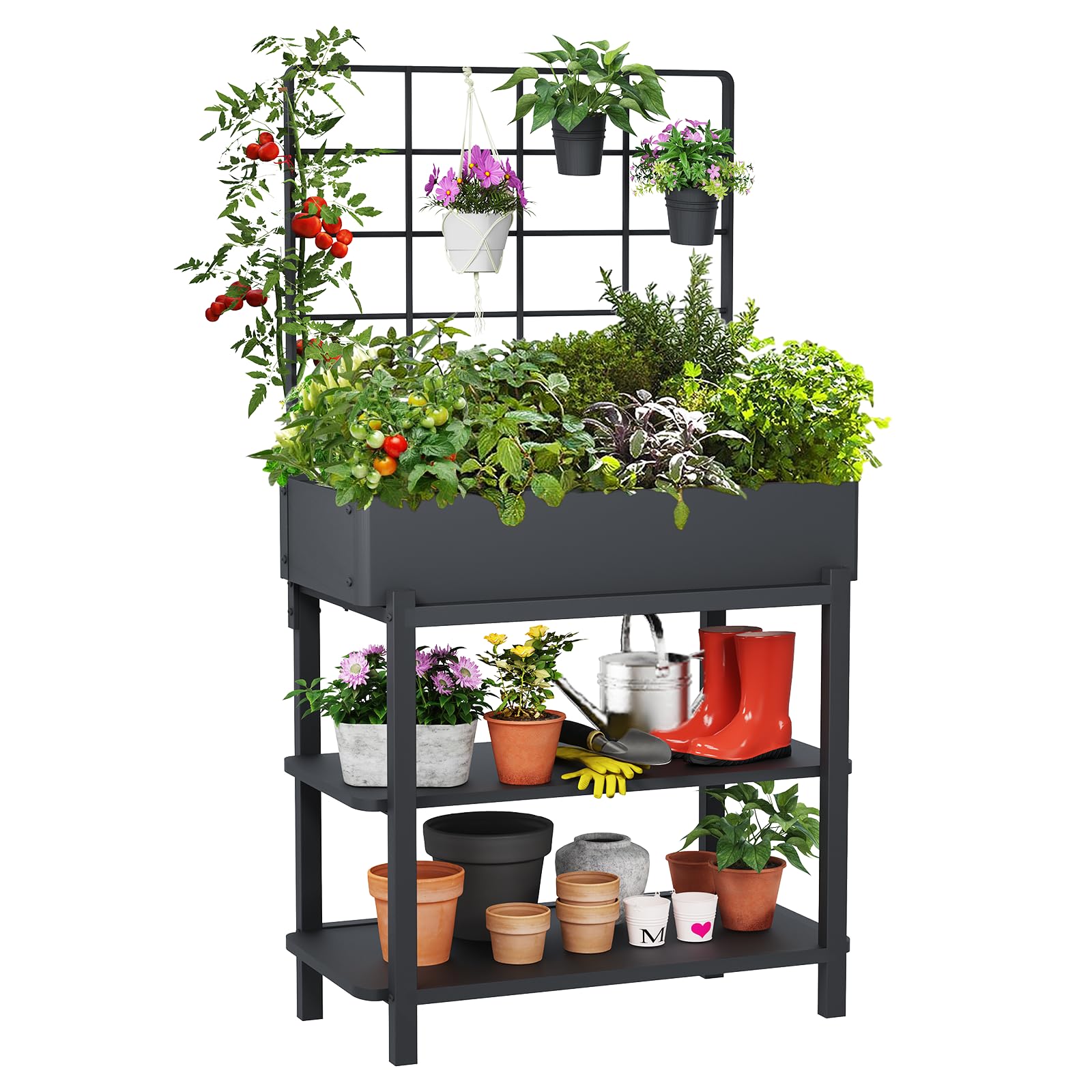 FOYUEE Elevated Planter Box with Trellis Raised Garden Bed with Legs Outdoor Standing Flower Beds for Patio Vegetable Herb