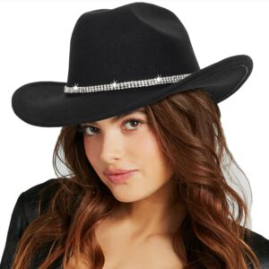 Womens Cowgirl Studded Pinched Western Cowboy Hats Wide Brim Gaucho Hat Fedoras Hat with Belt Buckle(M/L) (US, Alpha, Medium, Black-3 Diamonds)