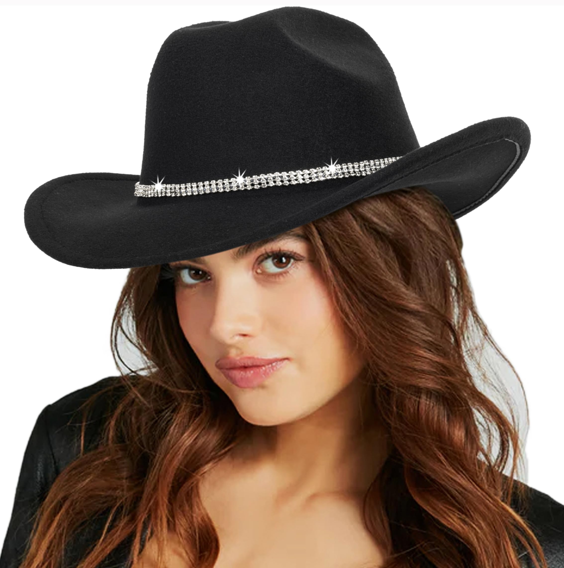 Womens Cowgirl Studded Pinched Western Cowboy Hats Wide Brim Gaucho Hat Fedoras Hat with Belt Buckle(M/L) (US, Alpha, Medium, Black-3 Diamonds)