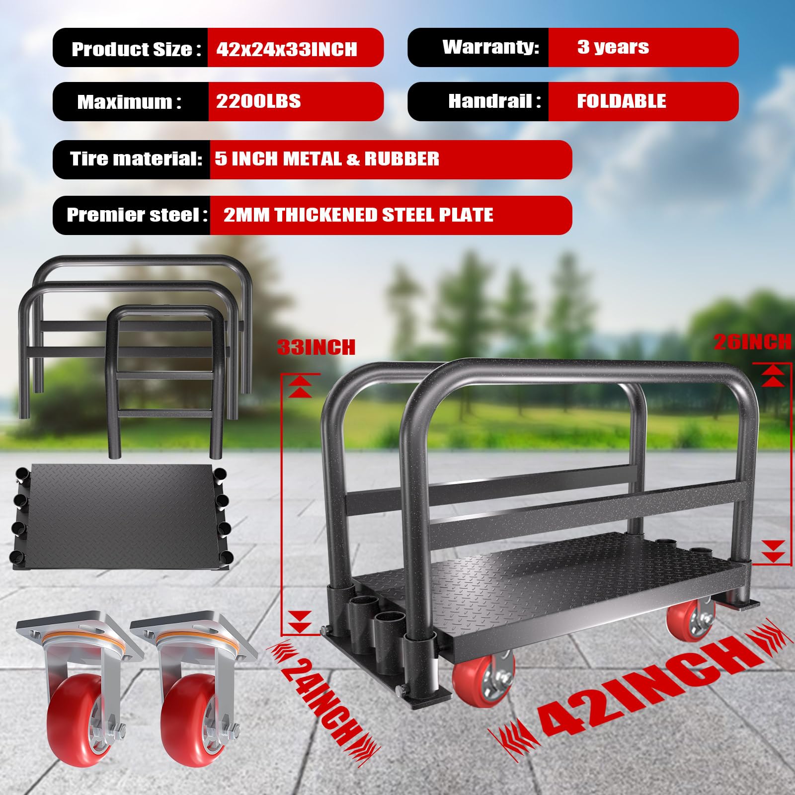 2IN1 Heavy Duty Panel Truck Cart,42" x 24" Flatbed Cart w/1Front&2 Side Handrails,2200 lbs Capacity Drywall Cart&Lumber Cart, Platform Truck w/2 Swivel Casters, All-Steel Hand Truck,Push Cart