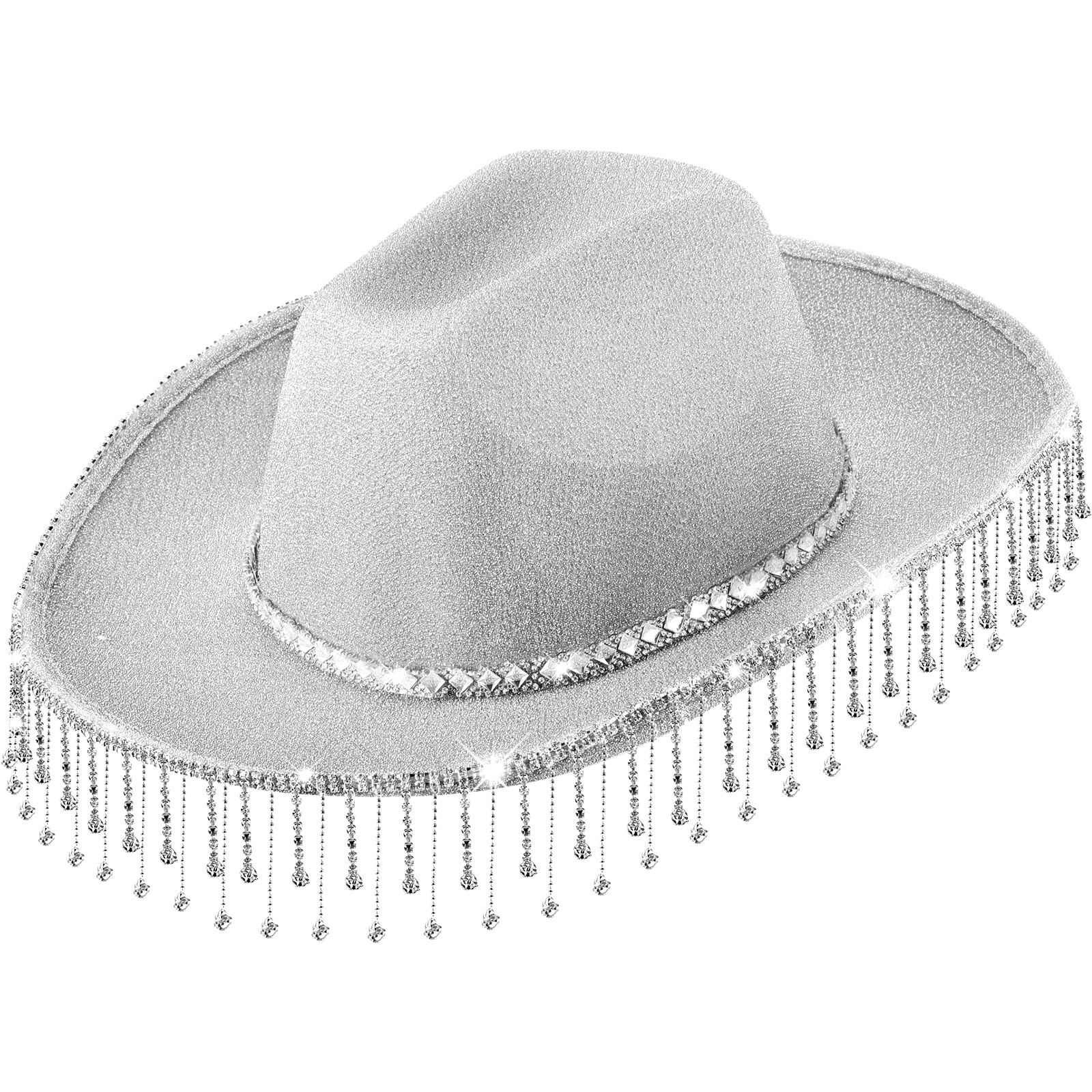 ramede Rhinestone Cowgirl Hat Women Disco Cowboy Outfit Bling Diamond Fringe Cowgirl Hat Western Cowgirl Costume(Silver)