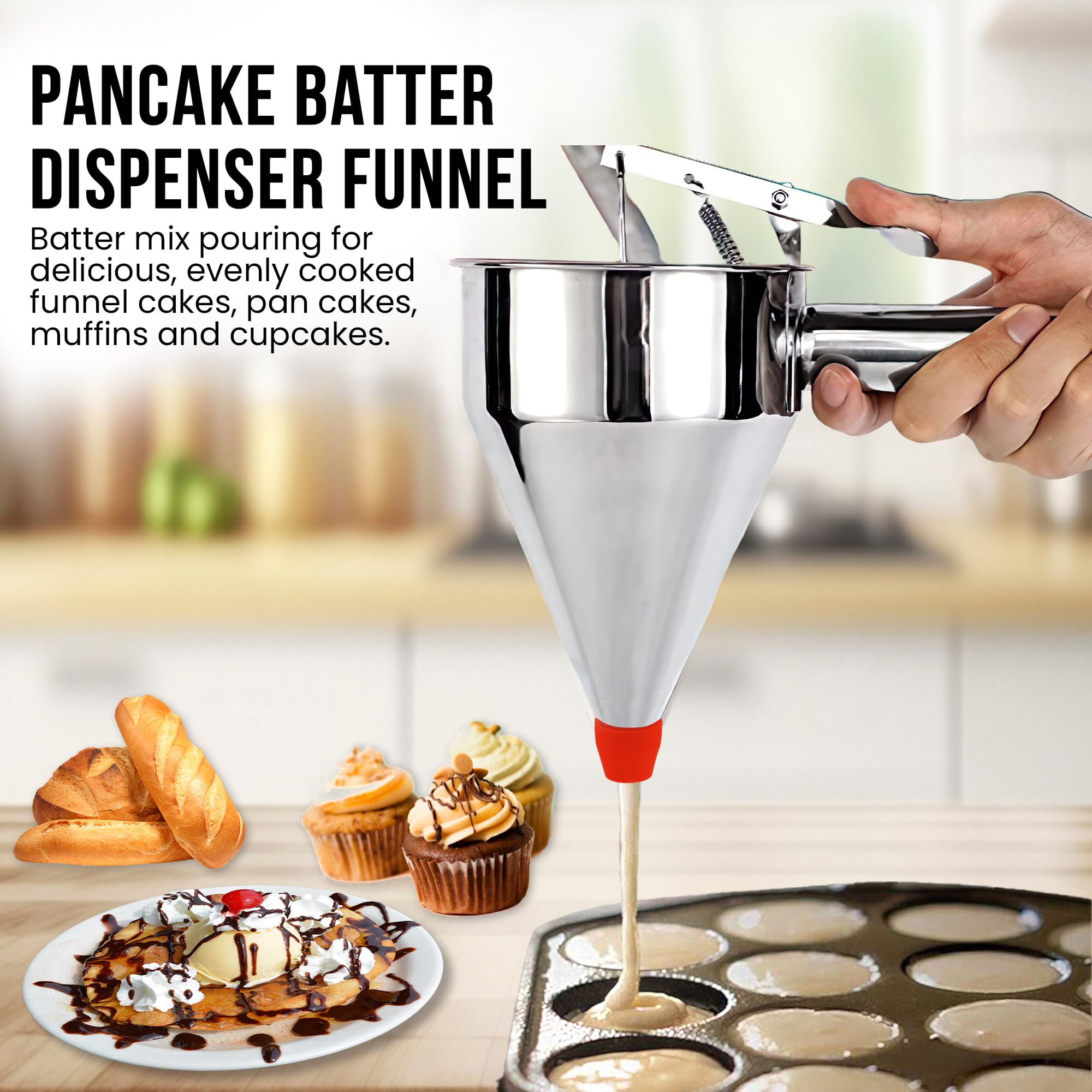 FEXUL Stainless Steel Pancake Batter Dispenser with Squeeze Handle - Versatile Funnel Cake, Cupcake, and Sel Roti Maker - Candle Wax Pourer - Durable, Leak-Free and Easy to Clean - 600ML