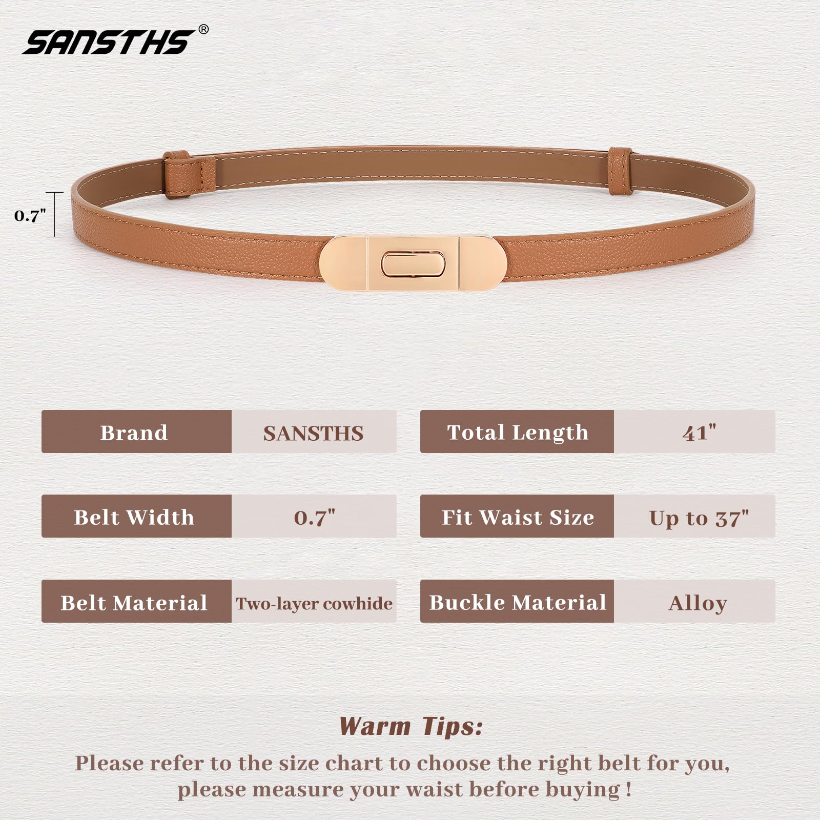 SANSTHS Skinny Women Belt Thin Women Belt for Dresses Coats Jeans Adjustable Belts for Women with Alloy Turn Lock, Brown