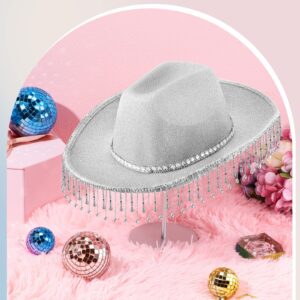 ramede Rhinestone Cowgirl Hat Women Disco Cowboy Outfit Bling Diamond Fringe Cowgirl Hat Western Cowgirl Costume(Silver)