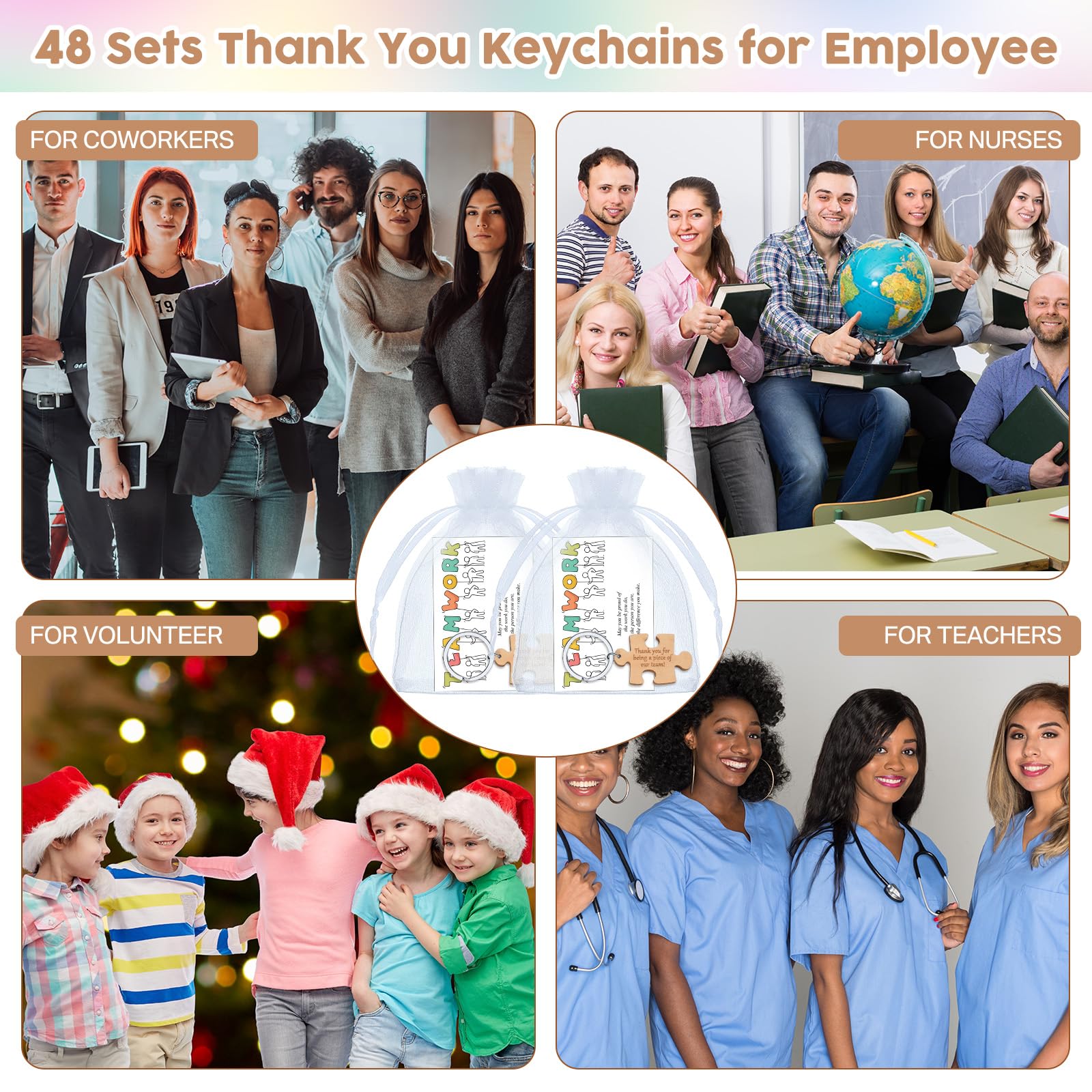 Ecation 48 Sets Teamwork Appreciation Gifts Wooden Puzzle Keychains Employee Staff Inspirational Cards Bags Team Thank You Gifts