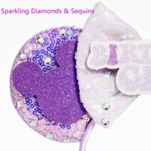 WW-WONDERFULWORLD Mouse Ears Birthday Headbands With Shiny Sequins Diamond Decoration, for Girls Costume Cosplay Glitter Party, for Kids & Adult, Purple; BR-1