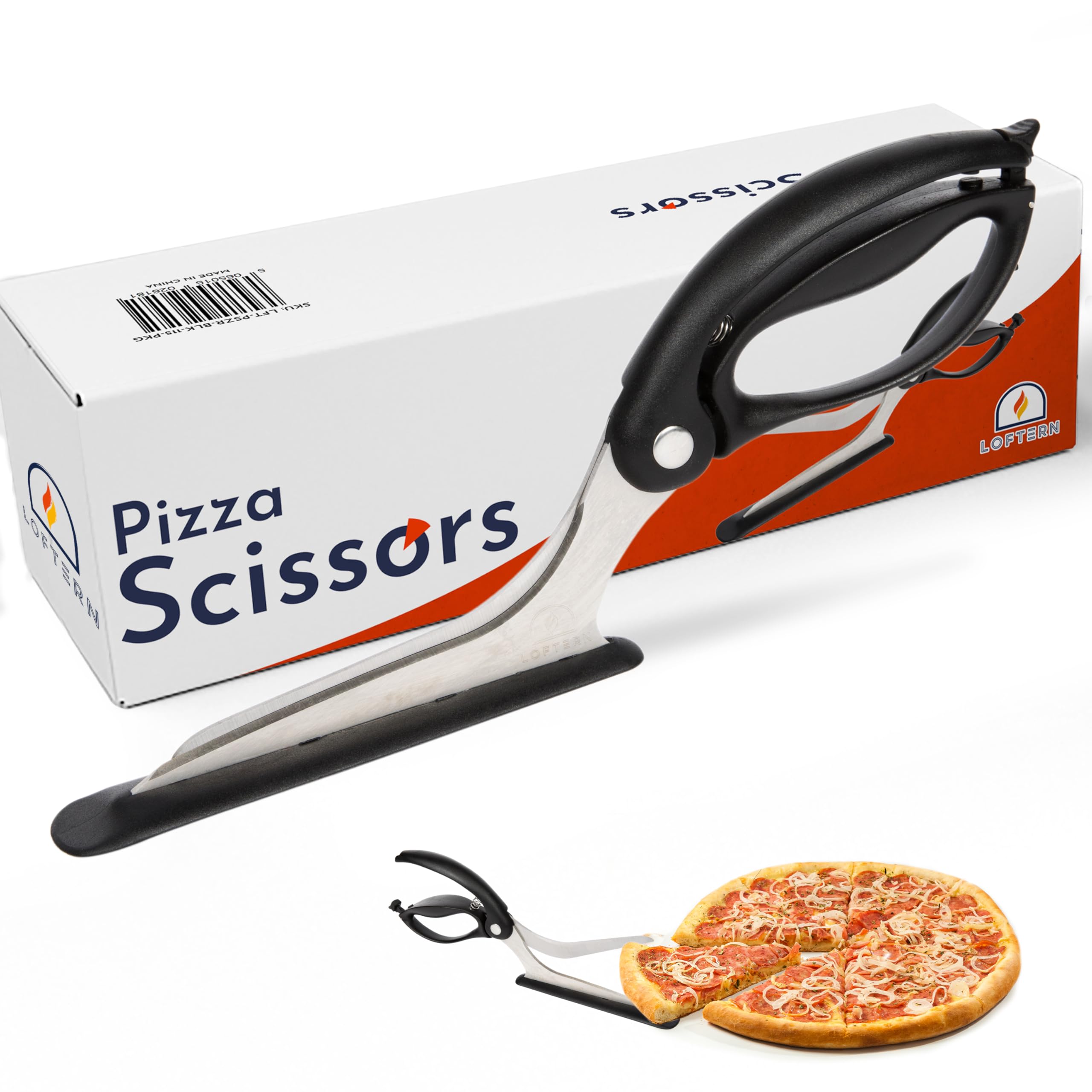 Loftern Pizza Scissors - Non-Stick Pizza Scissors with Firm Grip Base - Food Grade Stainless Steel Pizza Cutter - 5-in-1 Food Slicer & Pizza Server - Durable, Safe & Mess Free