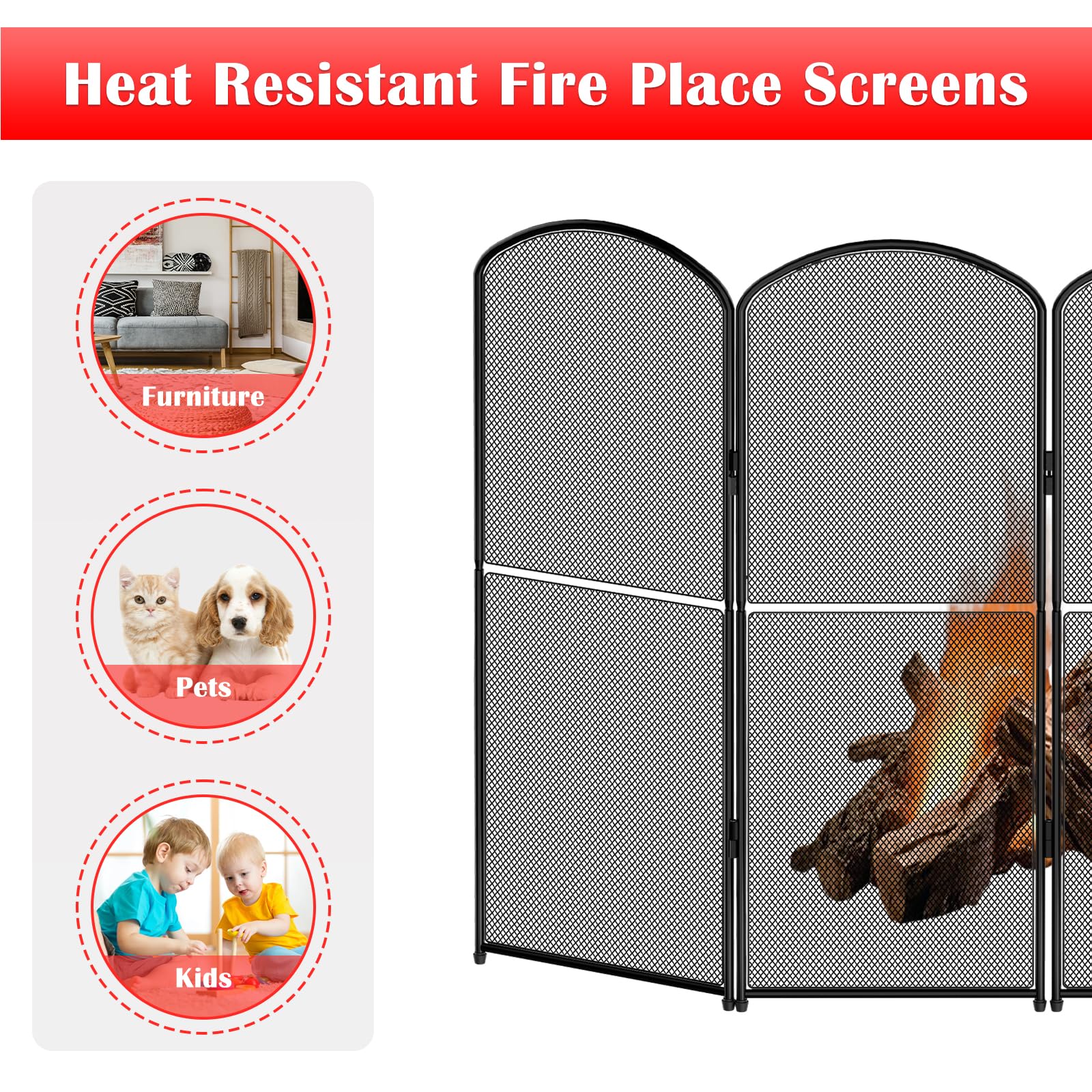 OYEAL Fireplace Screen Stand Black 4 Panel Fireplace Cover Metal Fire Spark Guard Cover Foldable Decorative Fireplace Screen for Home Indoor Fireplace, Black (47.8" W x 31" H)