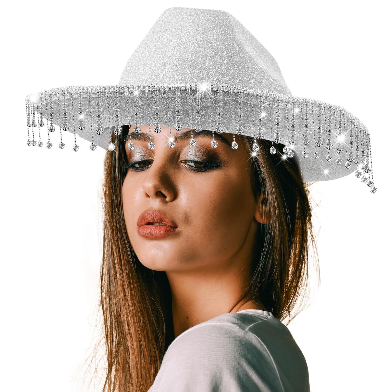 ramede Rhinestone Cowgirl Hat Women Disco Cowboy Outfit Bling Diamond Fringe Cowgirl Hat Western Cowgirl Costume(Silver)