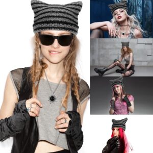 Quelay 22 Pcs Y2k Grunge Knitted Cat Beanie with Fairy Grunge Ripped Glove Earrings Necklace Rings Set Devil Horn Grunge Accessories Slouchy Hat Crochet Beanie with Ears (Black)