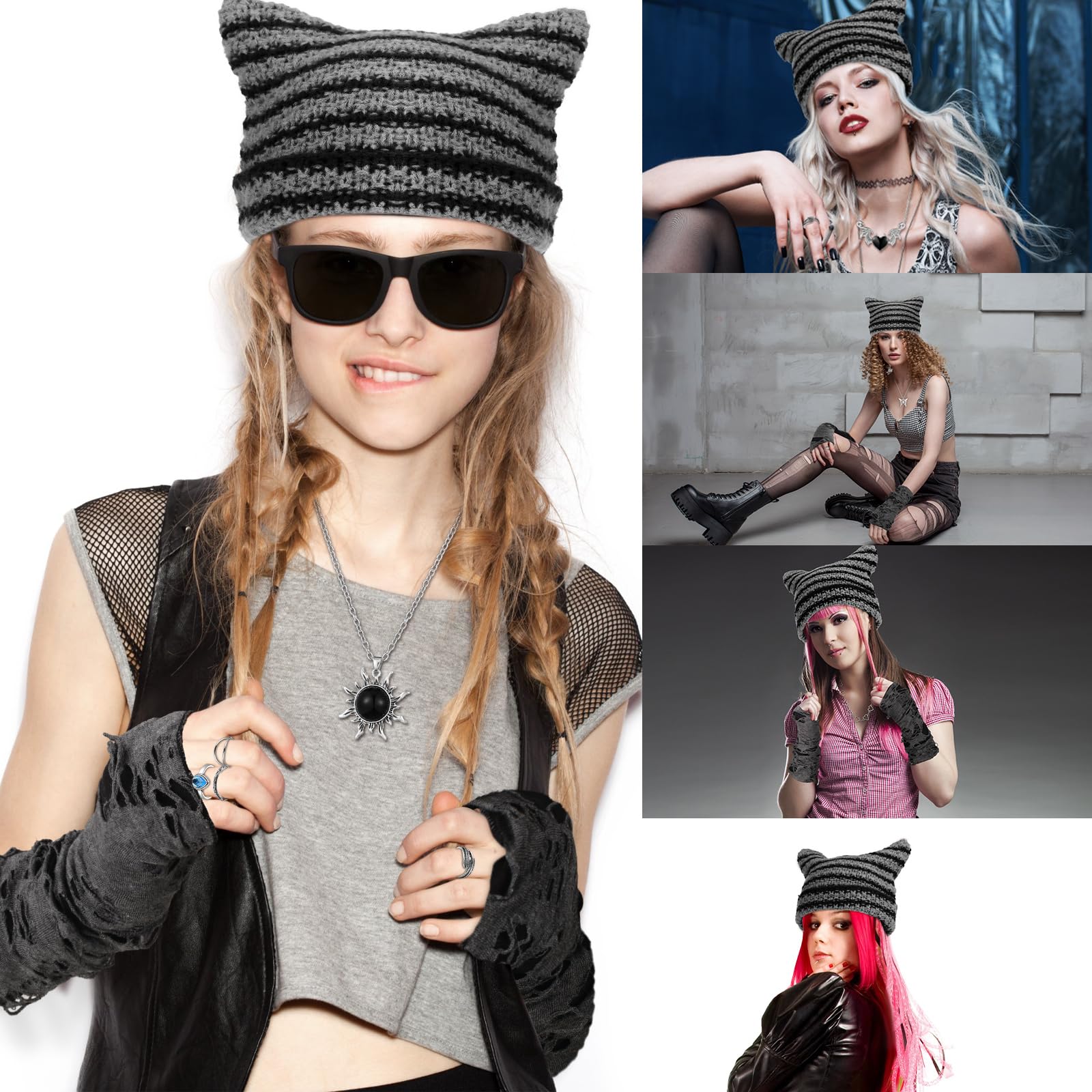 Quelay 22 Pcs Y2k Grunge Knitted Cat Beanie with Fairy Grunge Ripped Glove Earrings Necklace Rings Set Devil Horn Grunge Accessories Slouchy Hat Crochet Beanie with Ears (Black)