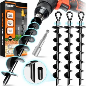 [premium] 4 pack ground anchors with power nut driver drill bit, ground anchors screw in, swing set anchors, trampoline anchors high wind heavy duty for camping tents, car ports, swing sets, canopies