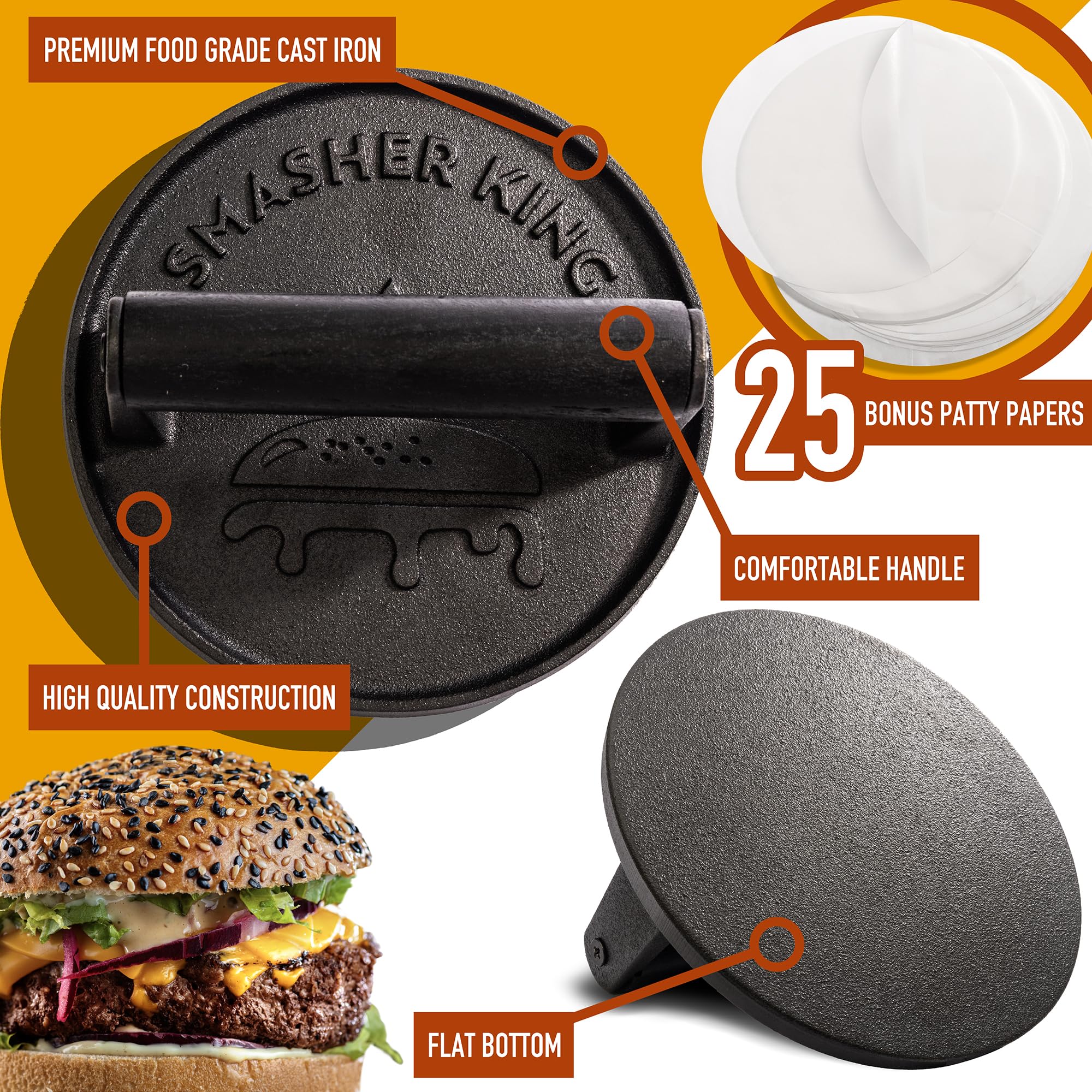 SMASHER KING™ - Premium Cast Iron Smash Burger Press incl. 25 pcs of Patty Paper, Burger Smasher for Griddle with Black Wood Handle, Perfect Hamburger Press, Meat Press, Bacon Press, Sandwich Press