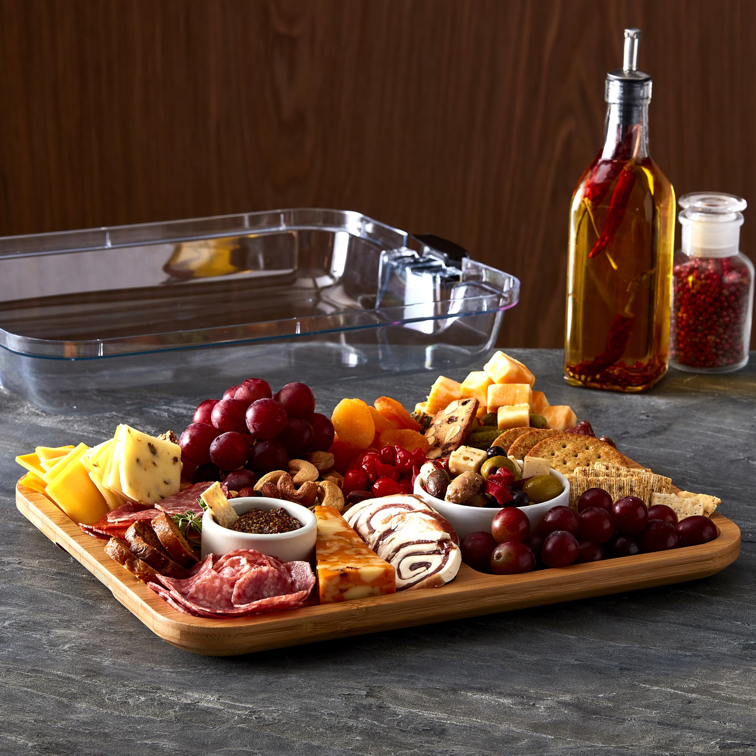 Farberware Build-a-Board Cutting Board with Compartments and Clear Locking Lid for Charcuterie, Snacks, and More-Make it. Take it. Enjoy it, 11x14 Inch, Bamboo