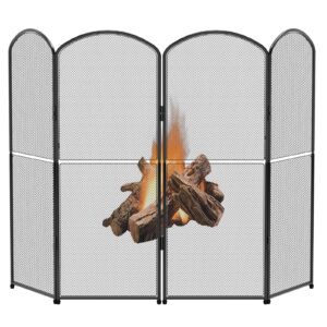 oyeal fireplace screen stand black 4 panel fireplace cover metal fire spark guard cover foldable decorative fireplace screen for home indoor fireplace, black (47.8" w x 31" h)