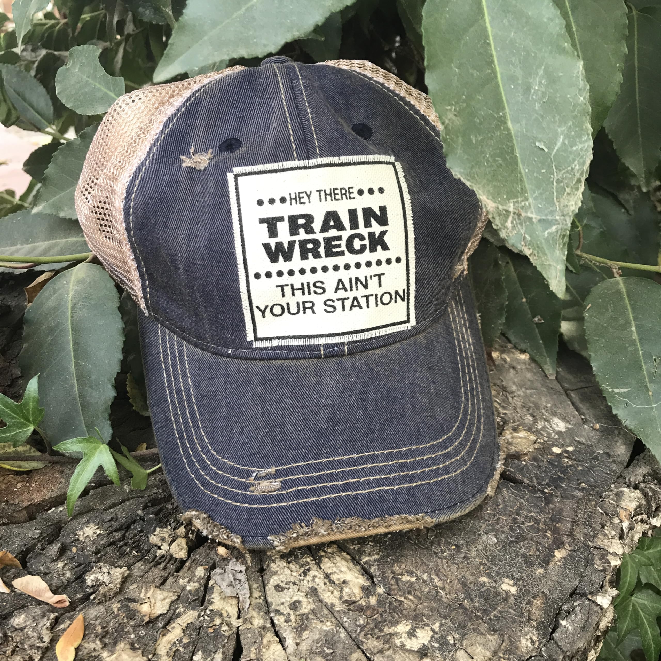 VINTAGE LIFE Hey Train Wreck This Ain't Your Station Distressed Trucker Cap, One Size, Navy Blue, Cotton and Polyester, Headgear, Hat, Headwear