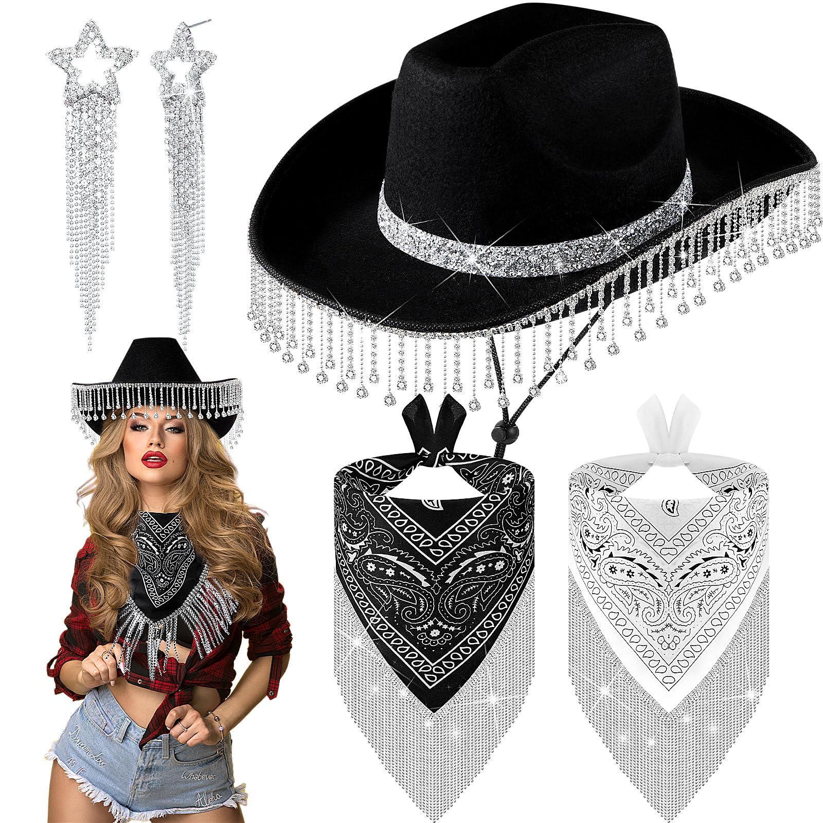 Xtinmee 5 Pcs Rhinestone Cowgirl Hat Bandana with Fringe Earrings 1 Cowboy Hat 2 Disco Fringe Tassel Bandanas and 2 Earrings (Black,Fresh Style)