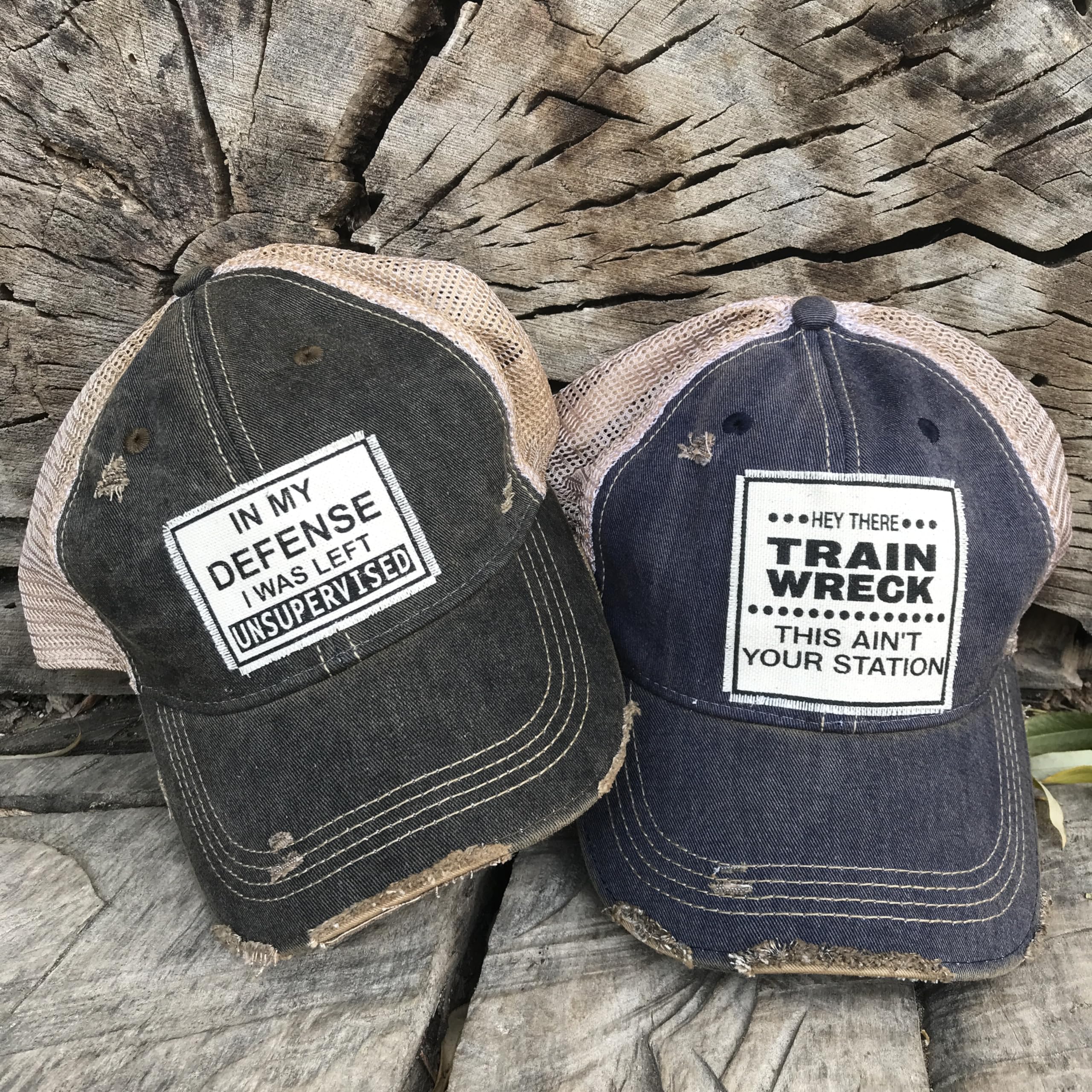 VINTAGE LIFE Hey Train Wreck This Ain't Your Station Distressed Trucker Cap, One Size, Navy Blue, Cotton and Polyester, Headgear, Hat, Headwear