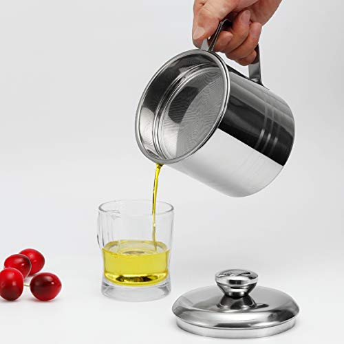 Stainless Steel Bacon Grease Container with Mesh Strainer Screen,1.2L/5 Cups Cooking Oil Keeper Storage Can for Kitchen