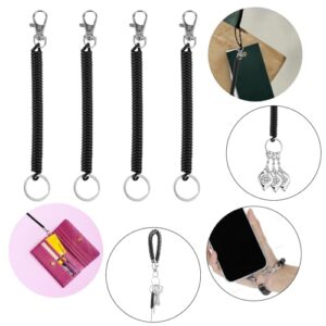 Ouligay 4pcs Retractable Spring Coil Keychain, Coiled Lanyard With Keyring Lobster Clasp, Anti-Lost Stretch Cord Safety Key Chain for Wallet Chain, Keys, Cellphone (Black)