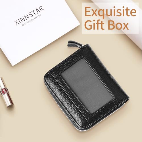 XINNSTAR Genuine Small Wallet for Women, Slim RFID Blocking Credit Card Holder with ID Window, Compact Purses for Women with 8 Card Slots